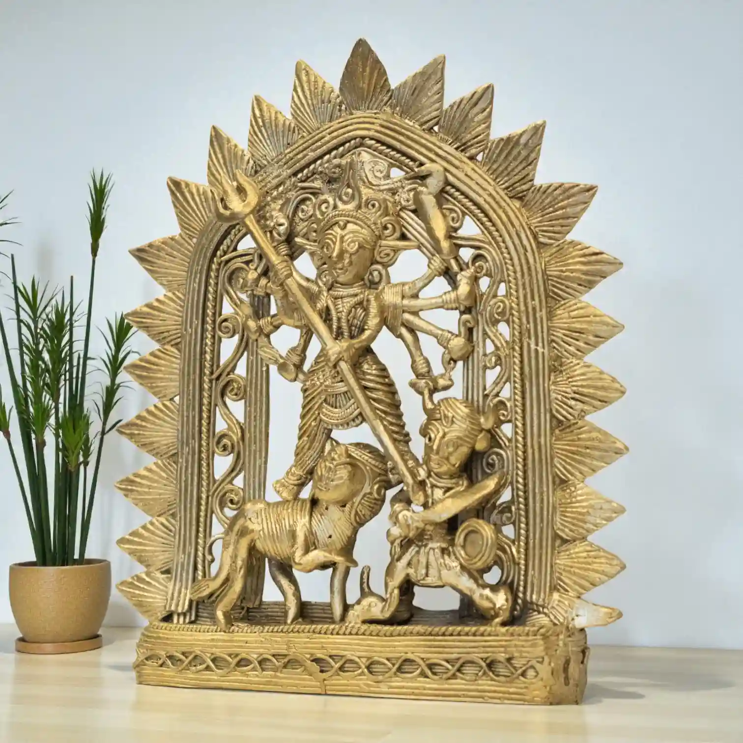 Side view of Dokra Durga Single metal craft idol from Karuka.